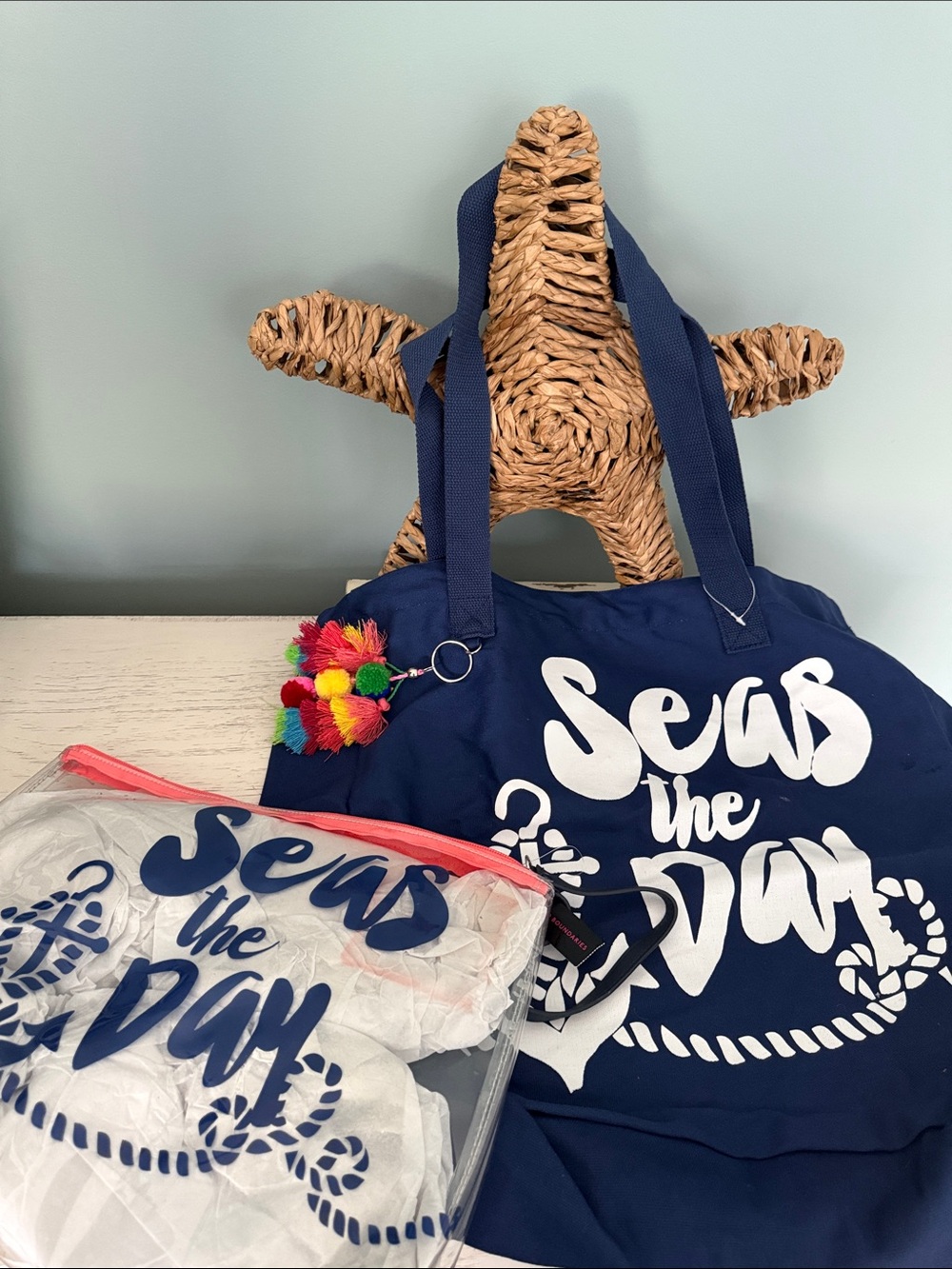 Seas The Day Navy Beach Tote and pouch with Pom Pom Charm, new with tags